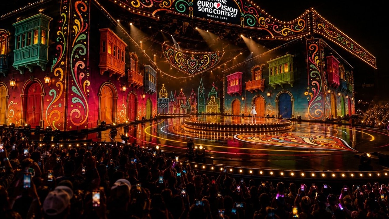 Official Junior Eurovision 2026 stage design in Malta, cropped to focus on the colourful festa-inspired performance space