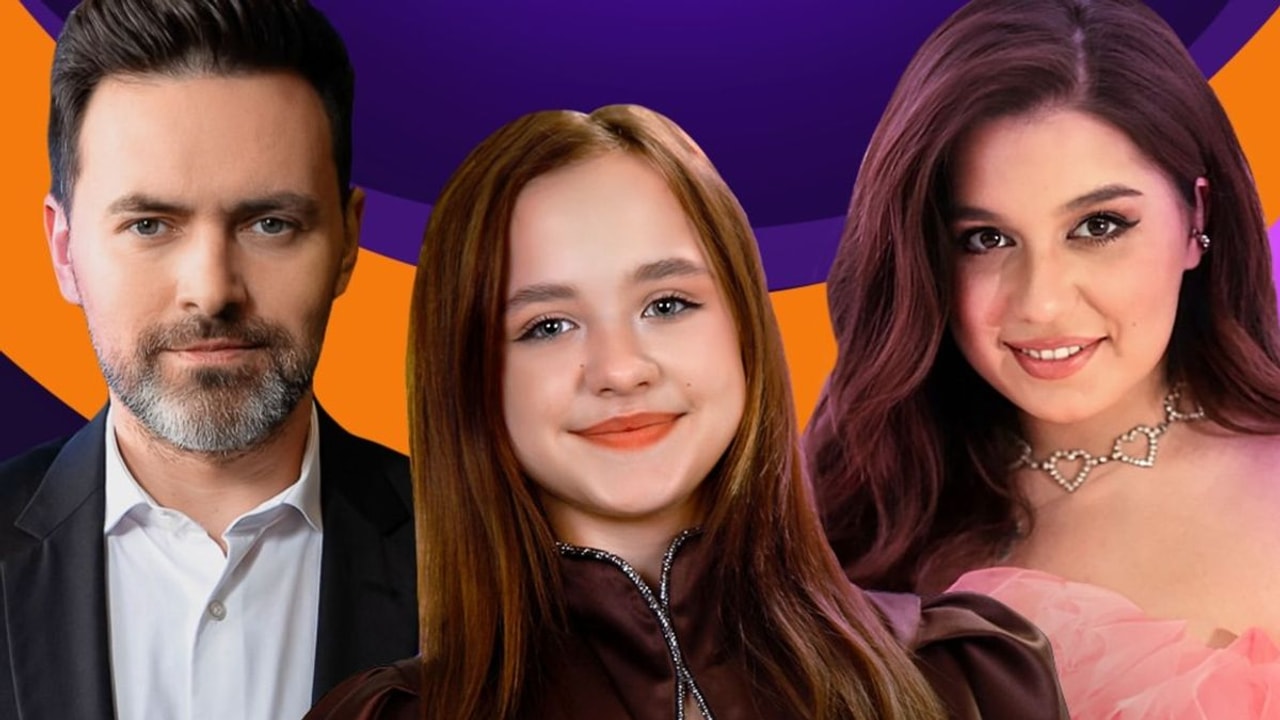 Timur Miroshnychenko, Anastasiia Dymyd and Anna Tulieva, hosts of Ukraine's Junior Eurovision 2026 national final